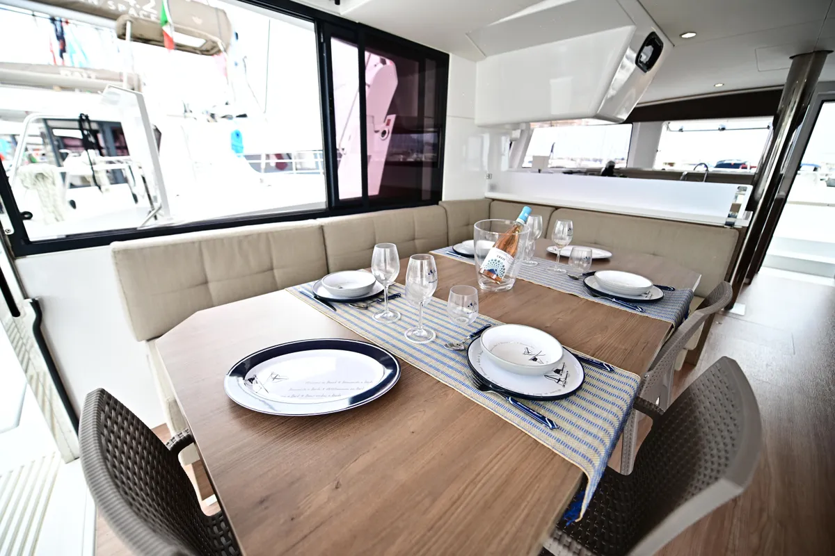 Salon of Archè, a Bali 4.4 catamaran at Salerno, Italy