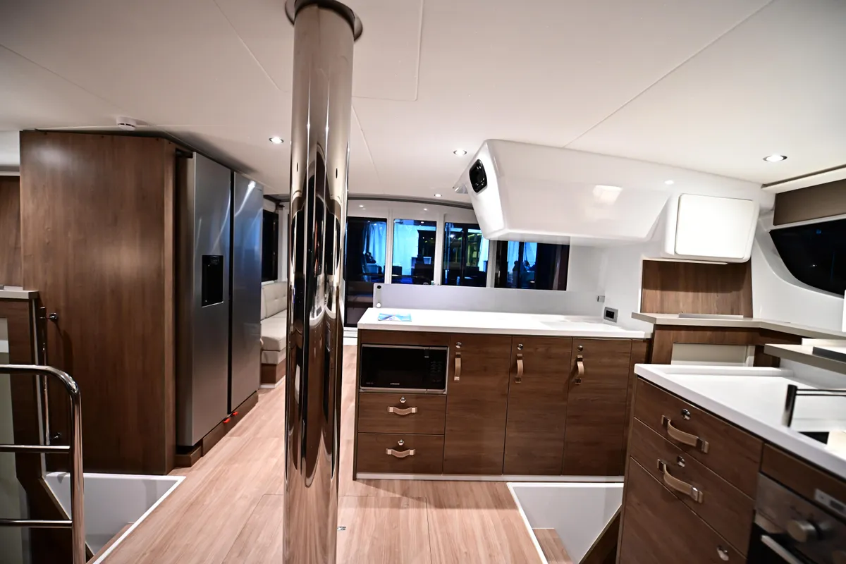 Deck of Archè, a Bali 4.4 catamaran at Salerno, Italy
