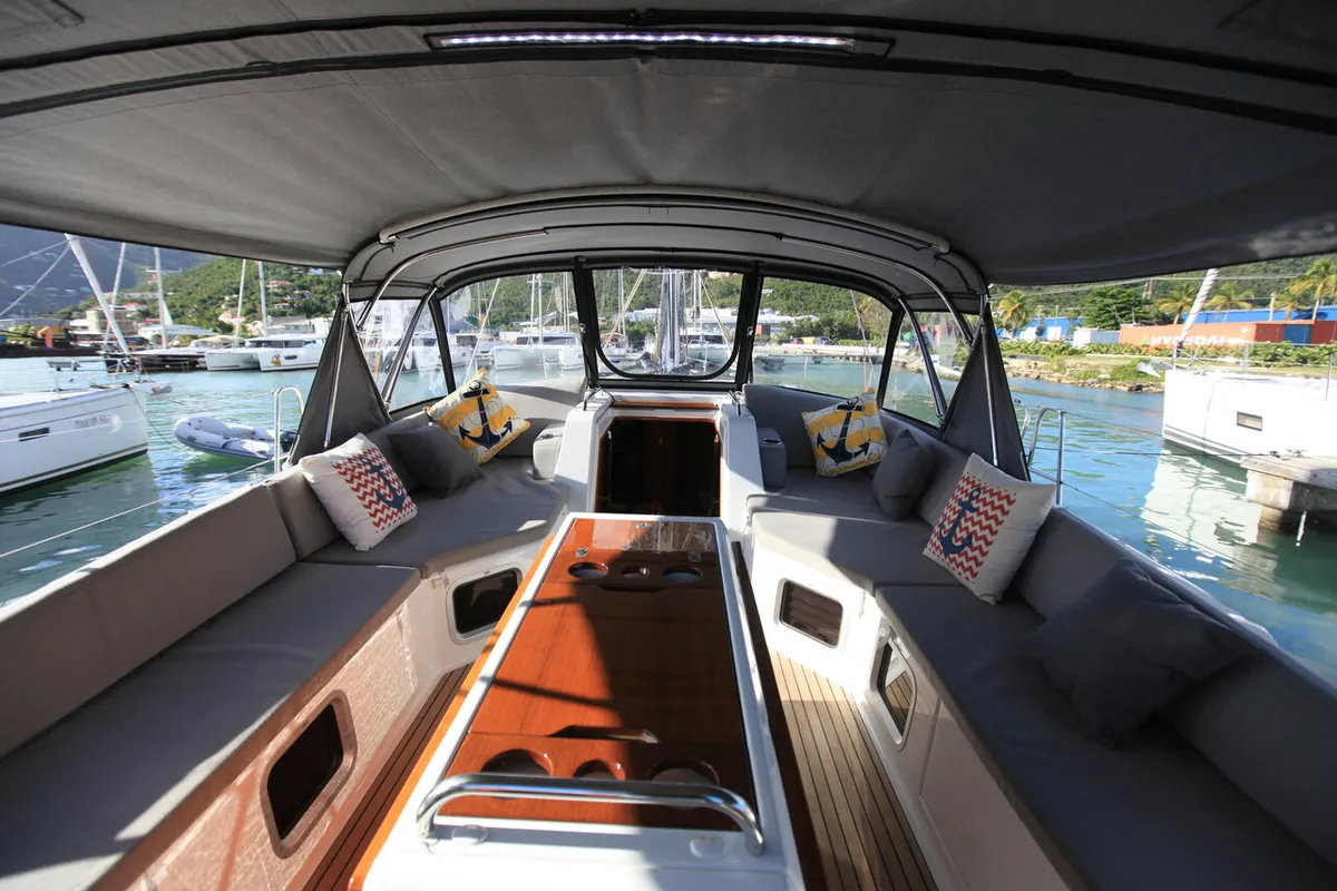 Deck of Silvergirl, a Jeanneau 54 sailboat at Road Town, British Virgin Islands