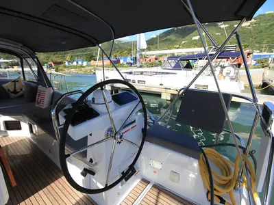 Cockpit of Silvergirl, a Jeanneau 54 sailboat at Road Town, British Virgin Islands