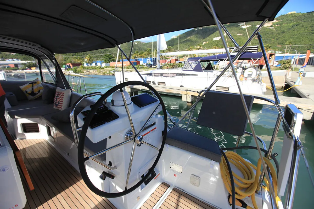 Cockpit of Silvergirl, a Jeanneau 54 sailboat at Road Town, British Virgin Islands