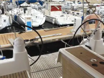 Cockpit of Oscar Time, a Dufour 450 Grand Large sailboat at Kalkara, Malta