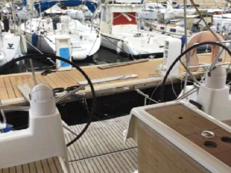 Cockpit of Oscar Time, a Dufour 450 Grand Large sailboat at Kalkara, Malta