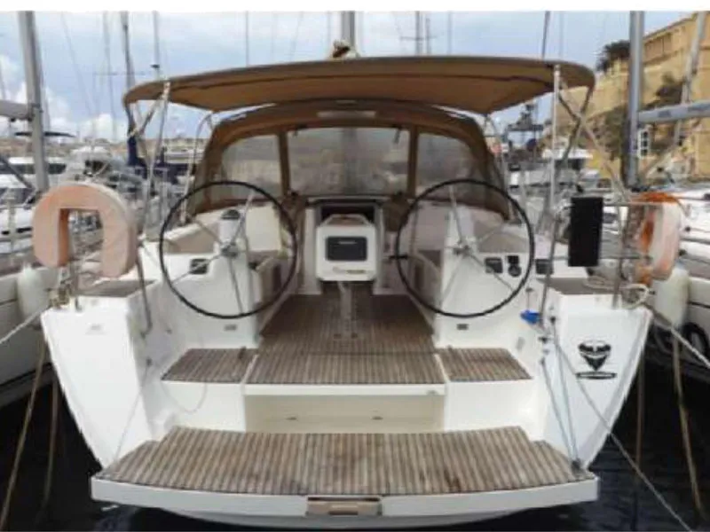 Exterior view of Oscar Time, a Dufour 450 Grand Large sailboat at Kalkara, Malta