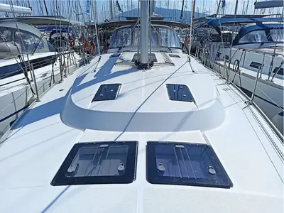 Deck of Saffron, a Bavaria Cruiser 45 sailboat at Municipal Unit of Lefkada, Greece