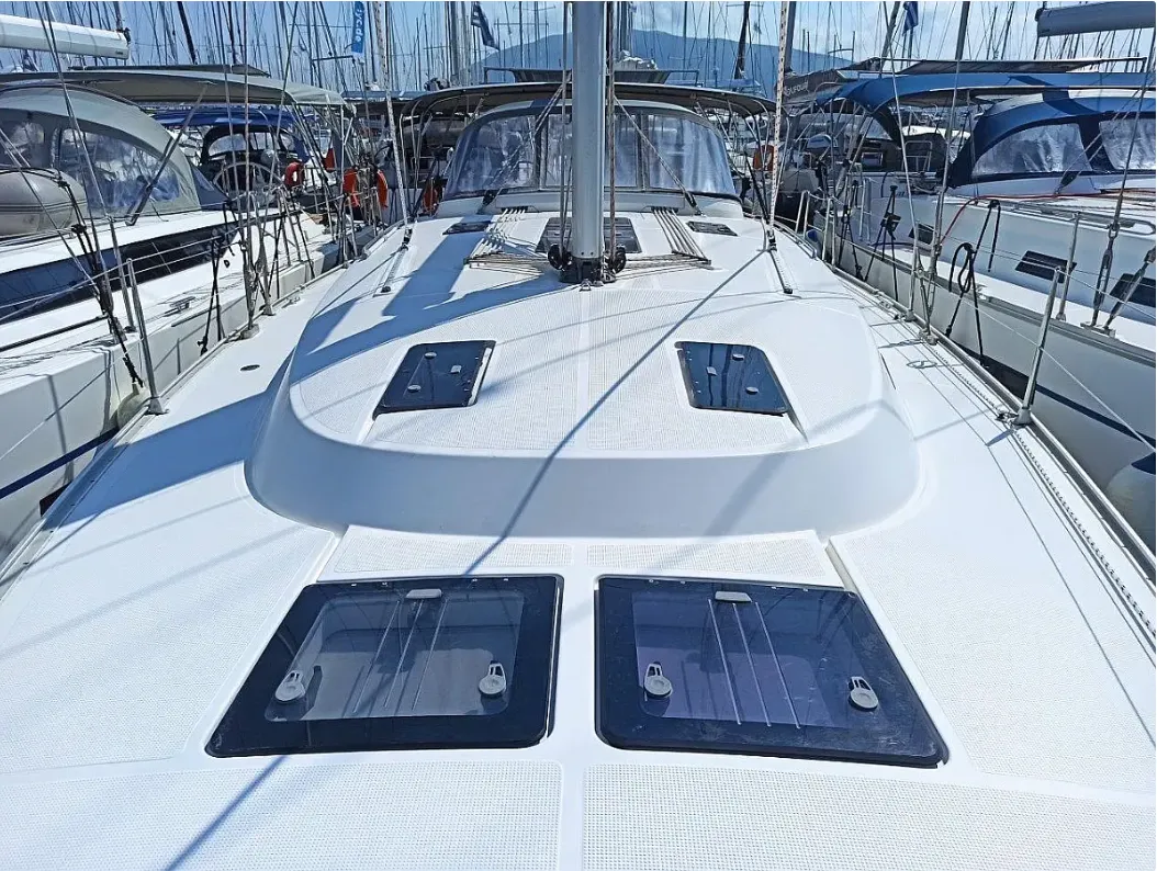 Deck of Saffron, a Bavaria Cruiser 45 sailboat at Municipal Unit of Lefkada, Greece