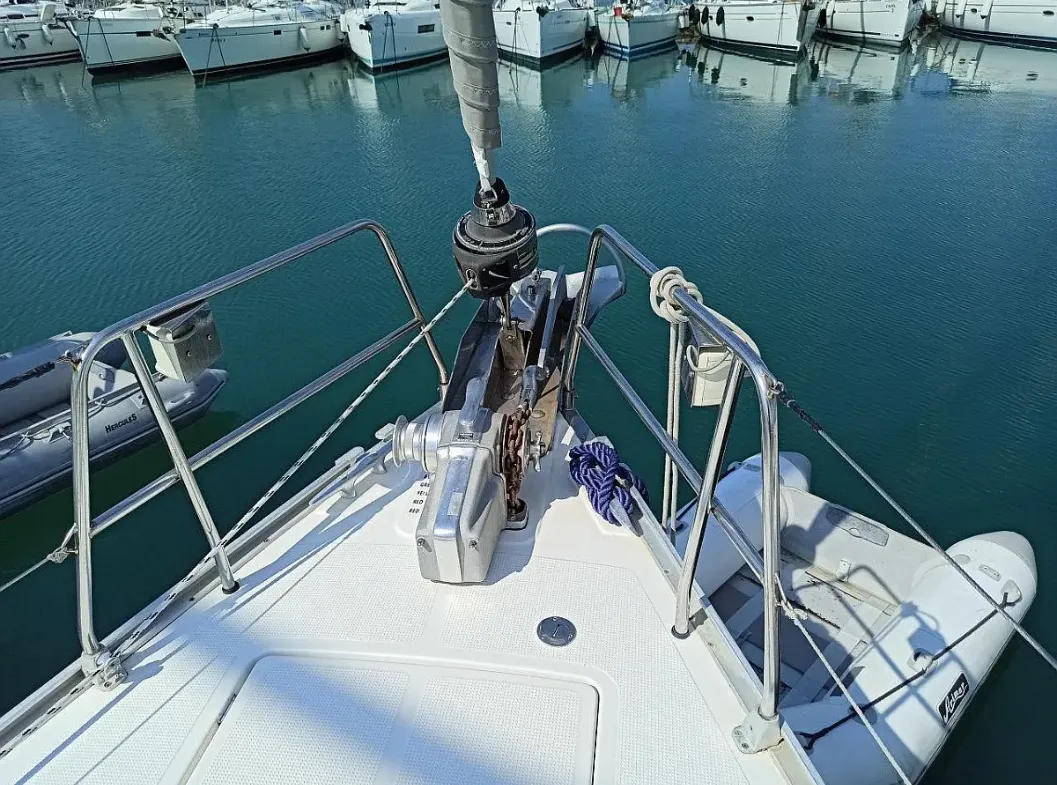 Deck of Saffron, a Bavaria Cruiser 45 sailboat at Municipal Unit of Lefkada, Greece