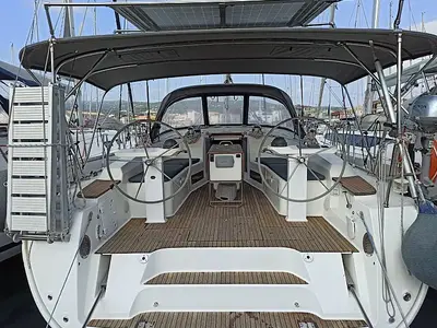Cockpit of Saffron, a Bavaria Cruiser 45 sailboat at Municipal Unit of Lefkada, Greece