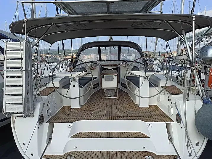 Cockpit of Saffron, a Bavaria Cruiser 45 sailboat at Municipal Unit of Lefkada, Greece