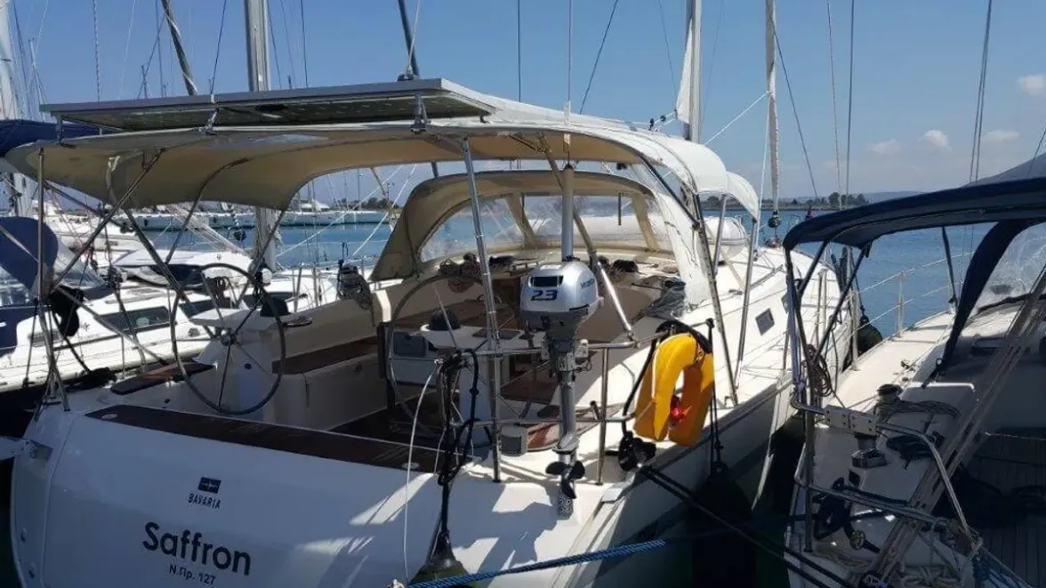 Exterior view of Saffron, a Bavaria Cruiser 45 sailboat at Municipal Unit of Lefkada, Greece