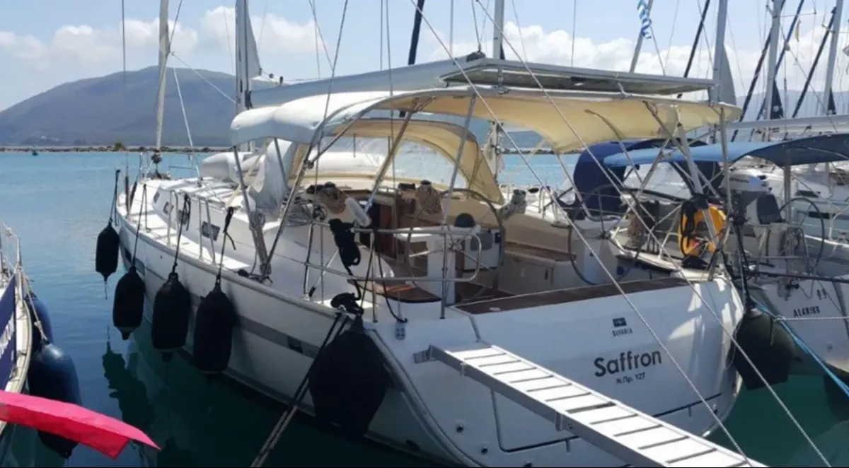 Exterior view of Saffron, a Bavaria Cruiser 45 sailboat at Municipal Unit of Lefkada, Greece