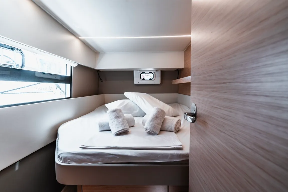 Cabin on Somi, a Nautitech 40 catamaran at Lavrion, Greece