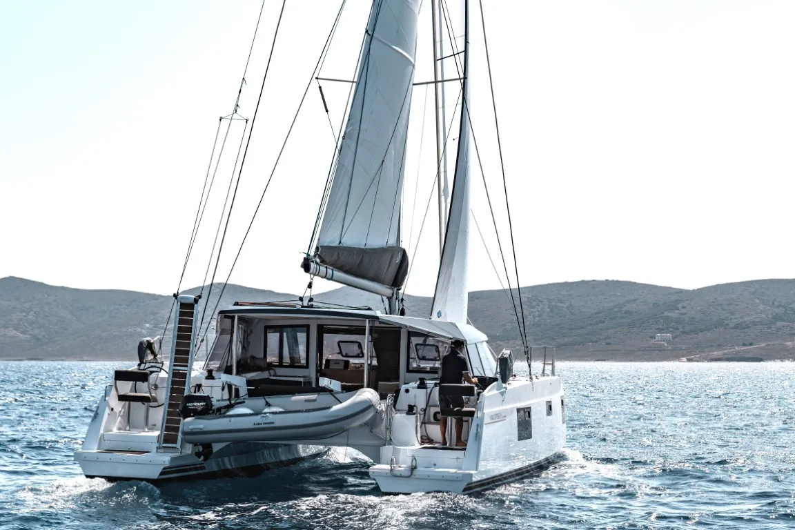 Exterior view of Somi, a Nautitech 40 catamaran at Lavrion, Greece