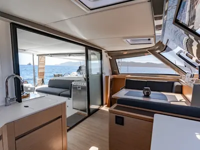 Salon of Somi, a Nautitech 40 catamaran at Lavrion, Greece
