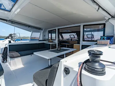 Deck of Somi, a Nautitech 40 catamaran at Lavrion, Greece