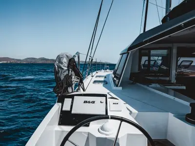 Cockpit of Somi, a Nautitech 40 catamaran at Lavrion, Greece