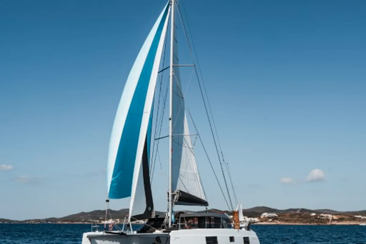 Exterior view of Somi, a Nautitech 40 catamaran at Lavrion, Greece