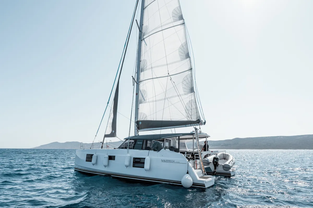 Exterior view of Somi, a Nautitech 40 catamaran at Lavrion, Greece