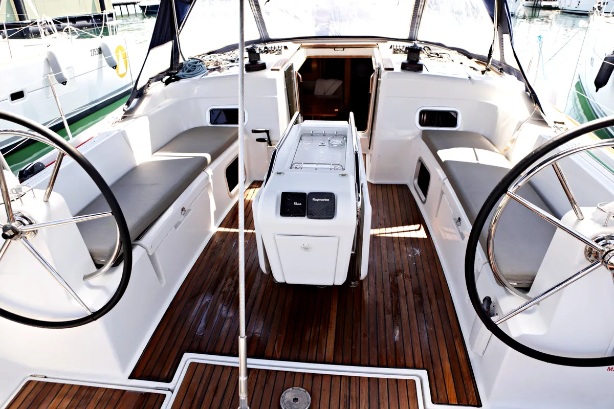 Cockpit of Elise Af Sweden, a Jeanneau Sun Odyssey 519 sailboat at Punat, Croatia