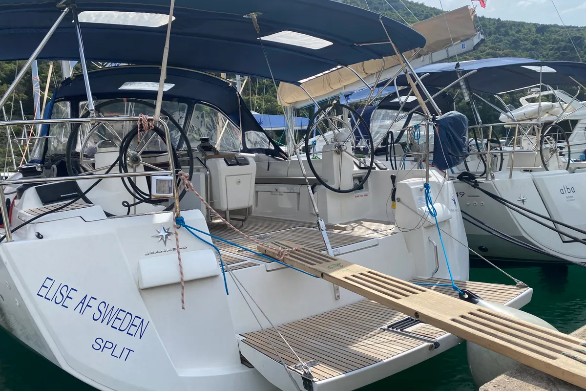 Deck of Elise Af Sweden, a Jeanneau Sun Odyssey 519 sailboat at Punat, Croatia