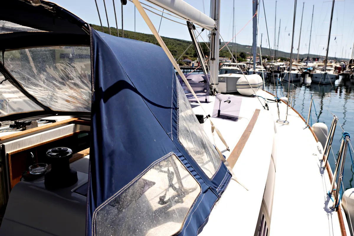 Deck of Elise Af Sweden, a Jeanneau Sun Odyssey 519 sailboat at Punat, Croatia