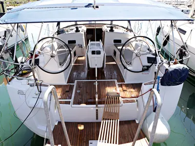 Cockpit of Elise Af Sweden, a Jeanneau Sun Odyssey 519 sailboat at Punat, Croatia