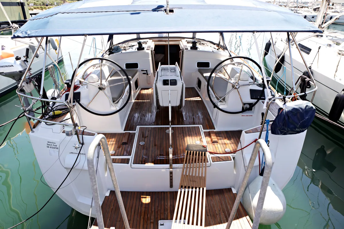 Cockpit of Elise Af Sweden, a Jeanneau Sun Odyssey 519 sailboat at Punat, Croatia