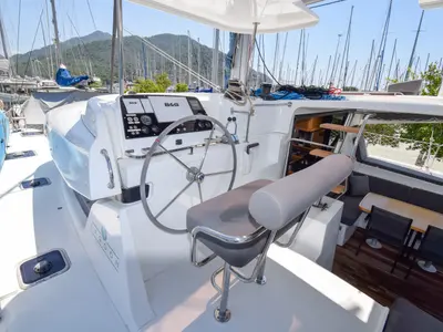 Cockpit of Bige, a Lagoon 42 catamaran at Marmaris, Turkey