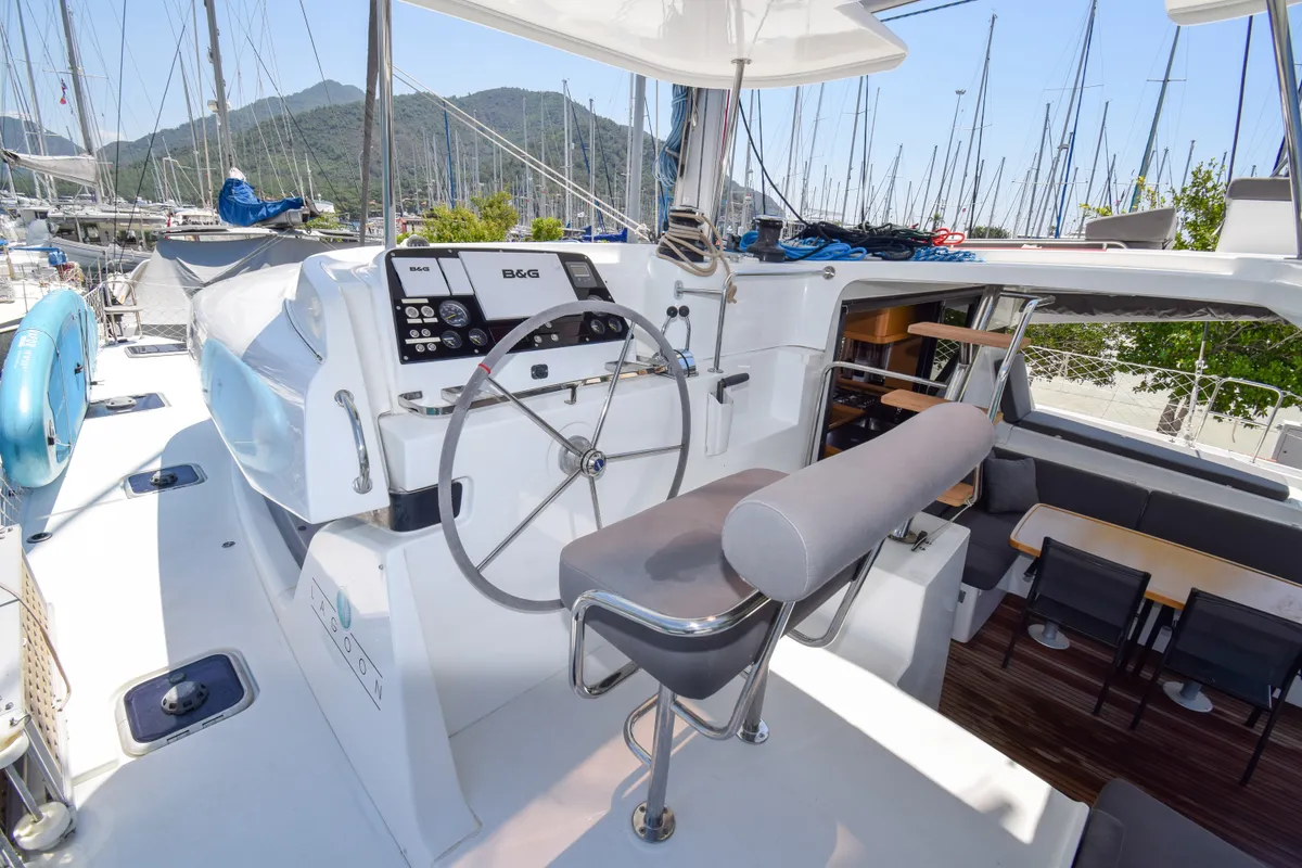 Cockpit of Bige, a Lagoon 42 catamaran at Marmaris, Turkey
