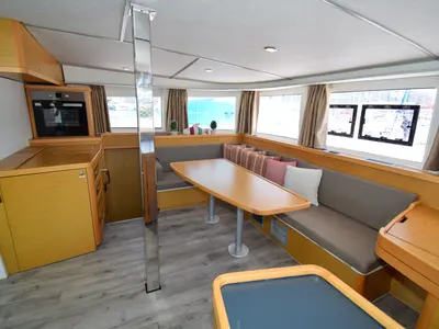Salon of Bige, a Lagoon 42 catamaran at Marmaris, Turkey