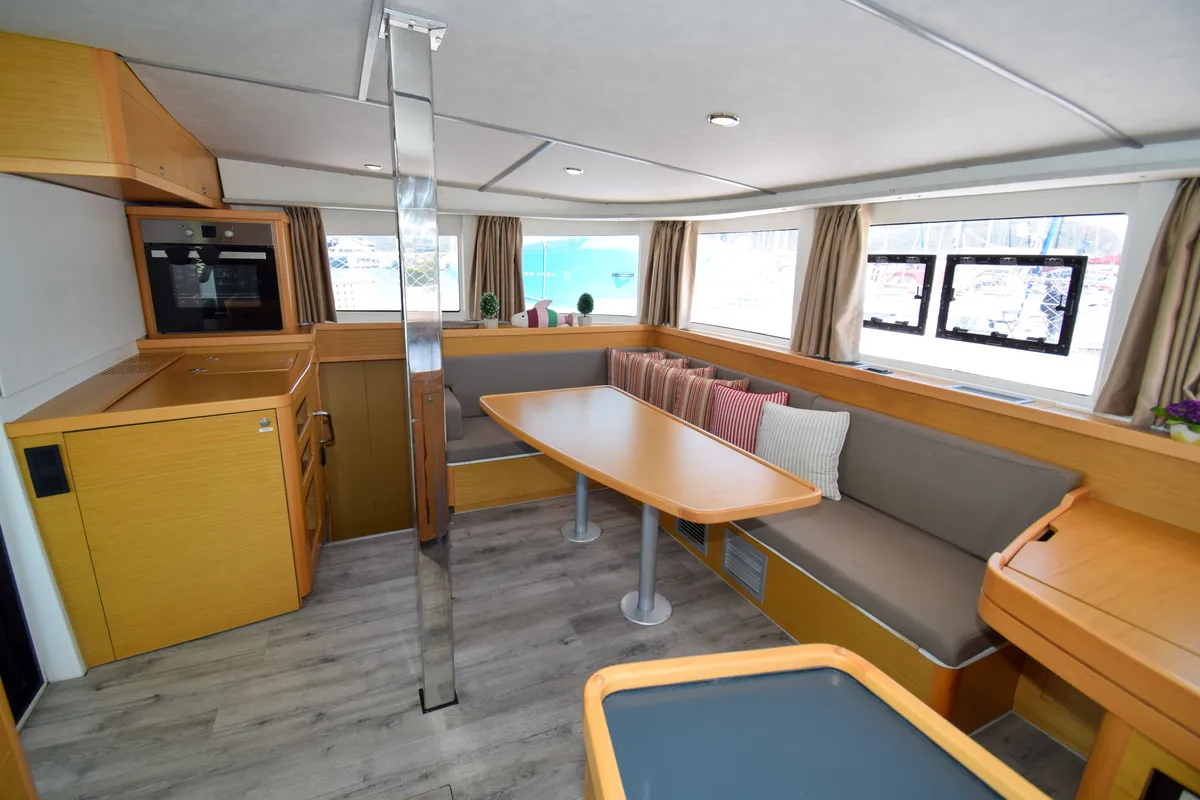 Salon of Bige, a Lagoon 42 catamaran at Marmaris, Turkey