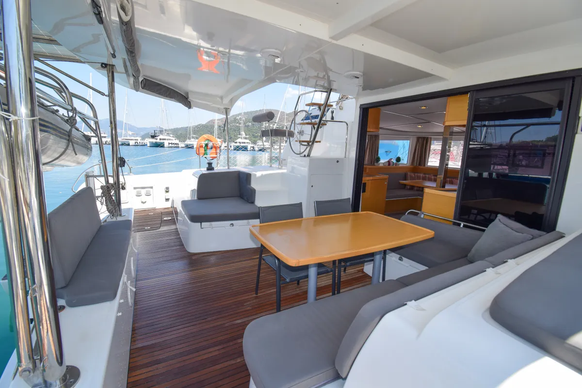 Deck of Bige, a Lagoon 42 catamaran at Marmaris, Turkey