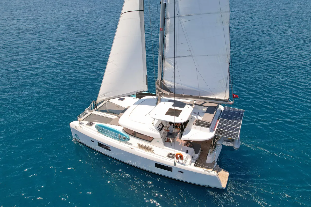 Exterior view of Bige, a Lagoon 42 catamaran at Marmaris, Turkey
