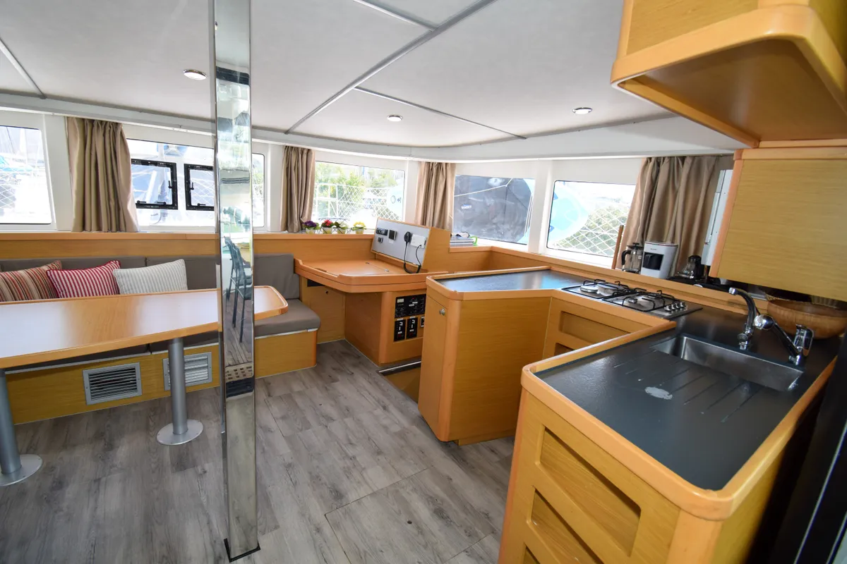 Salon of Bige, a Lagoon 42 catamaran at Marmaris, Turkey