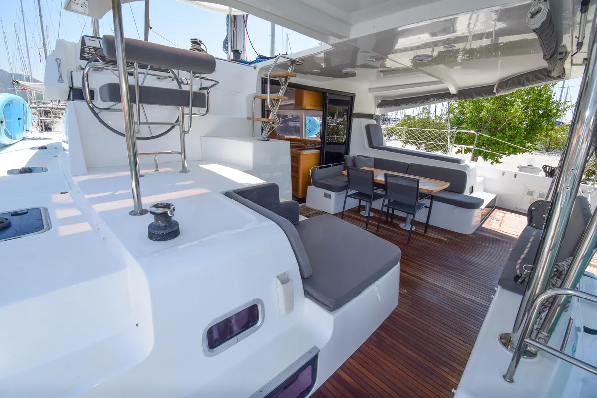 Deck of Bige, a Lagoon 42 catamaran at Marmaris, Turkey