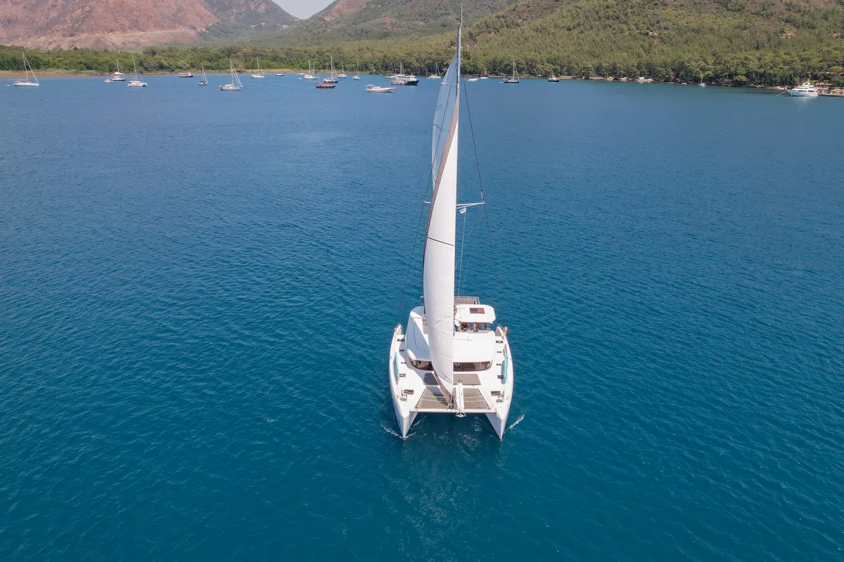 Exterior view of Bige, a Lagoon 42 catamaran at Marmaris, Turkey