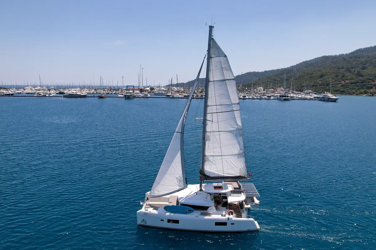 Exterior view of Bige, a Lagoon 42 catamaran at Marmaris, Turkey