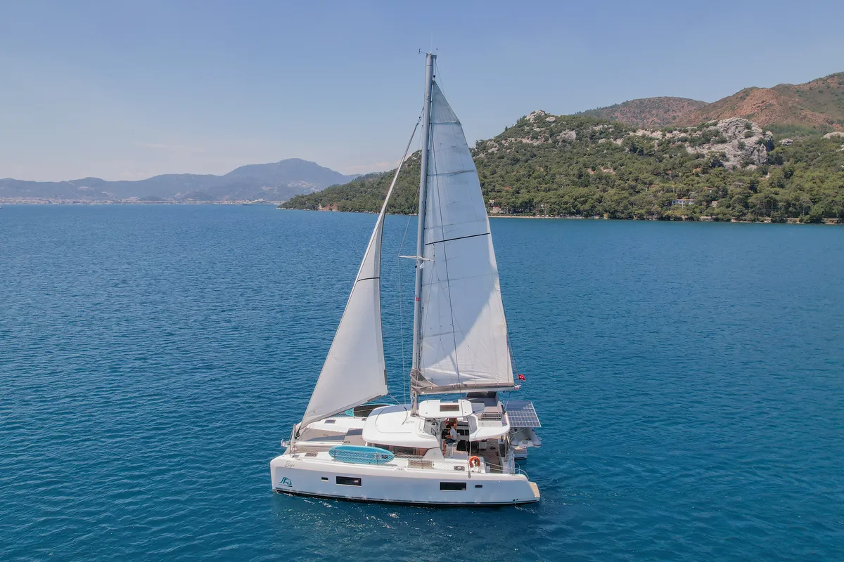 Exterior view of Bige, a Lagoon 42 catamaran at Marmaris, Turkey