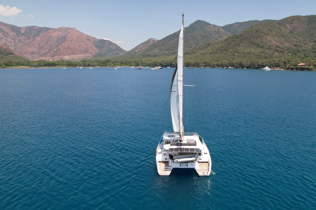 Exterior view of Bige, a Lagoon 42 catamaran at Marmaris, Turkey