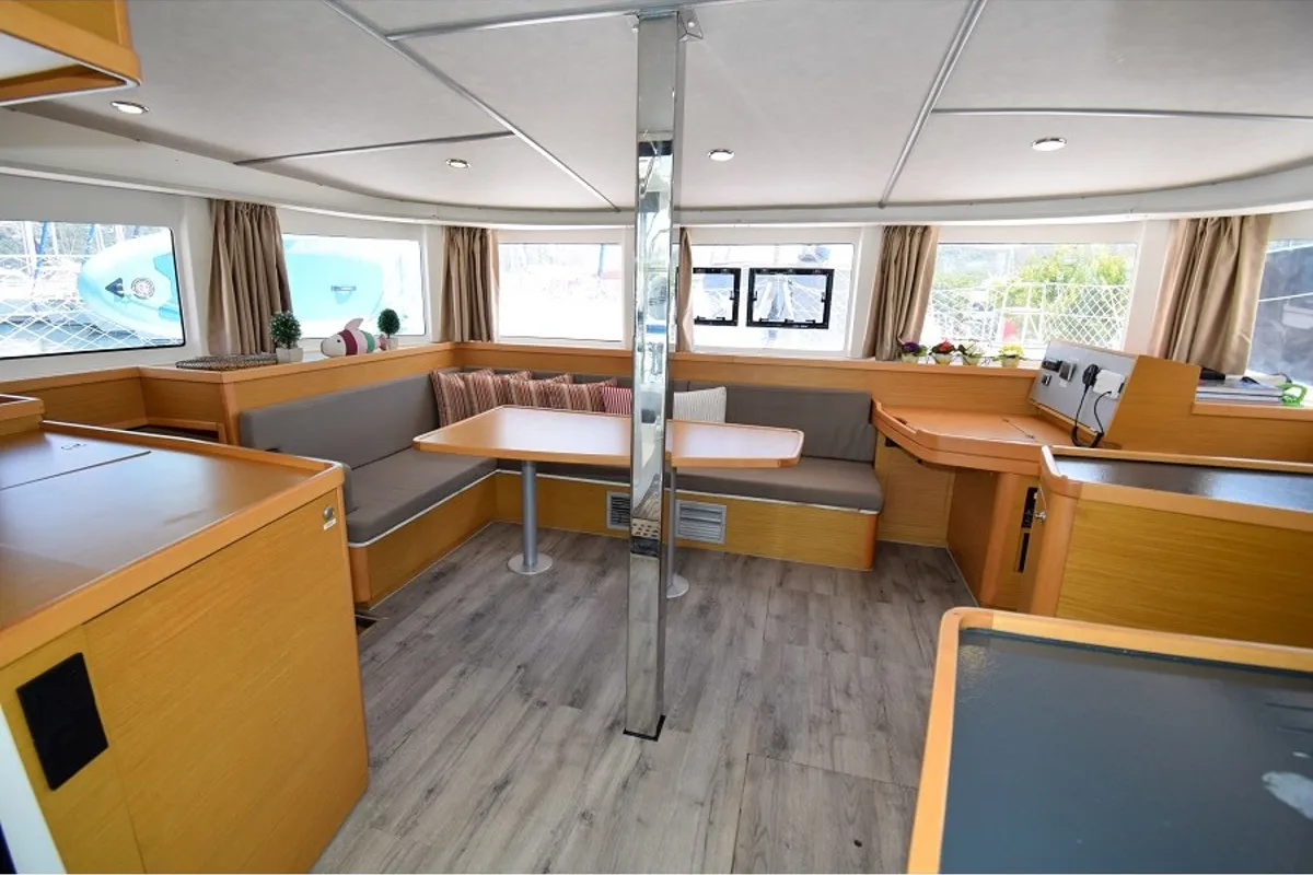 Salon of Bige, a Lagoon 42 catamaran at Marmaris, Turkey