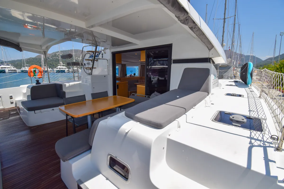 Deck of Bige, a Lagoon 42 catamaran at Marmaris, Turkey