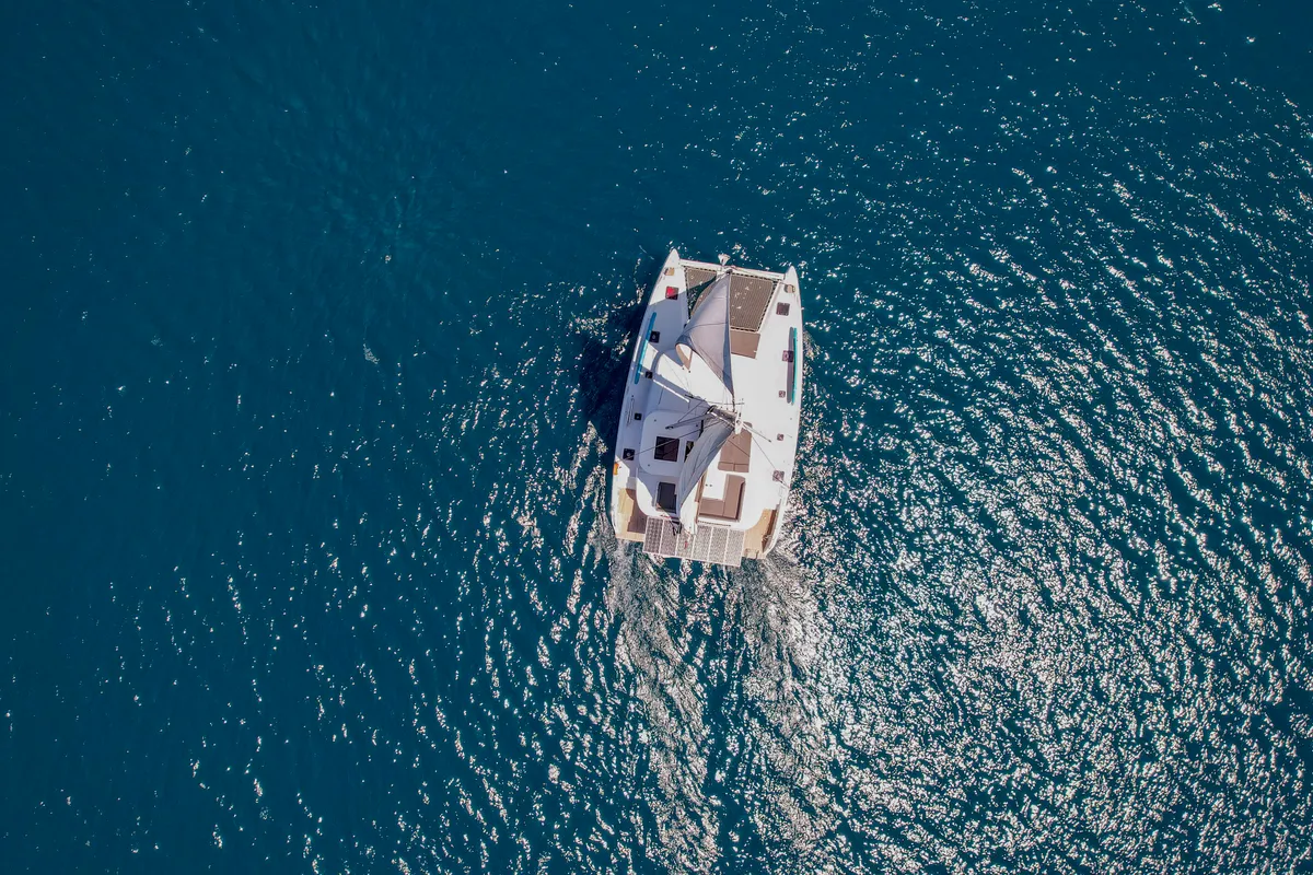 Exterior view of Bige, a Lagoon 42 catamaran at Marmaris, Turkey