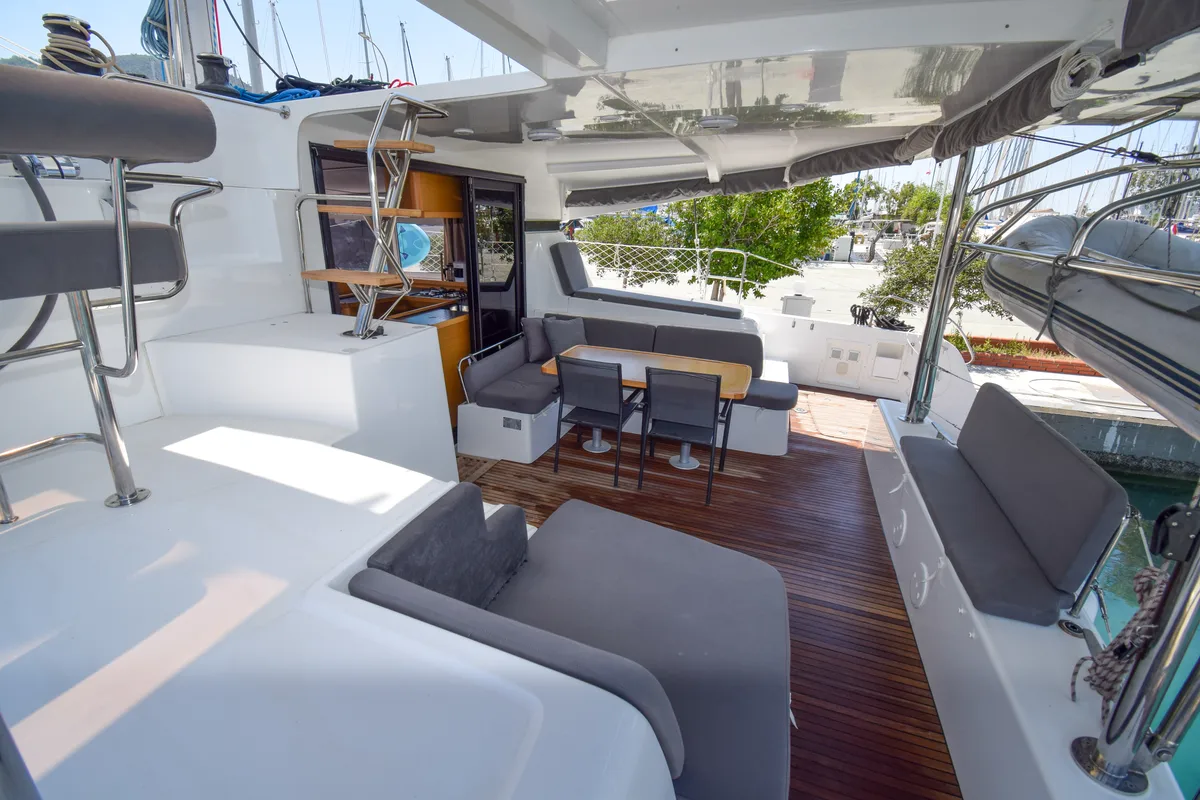 Deck of Bige, a Lagoon 42 catamaran at Marmaris, Turkey