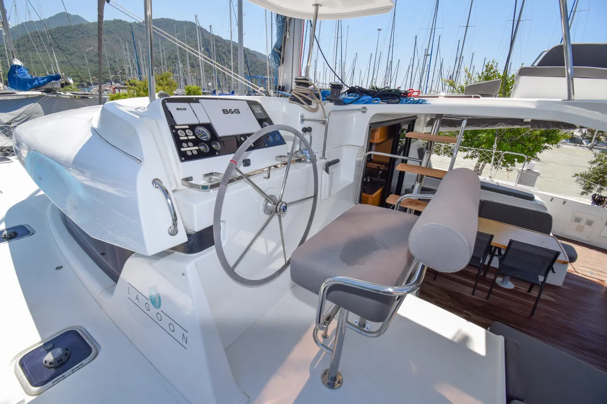 Cockpit of Bige, a Lagoon 42 catamaran at Marmaris, Turkey