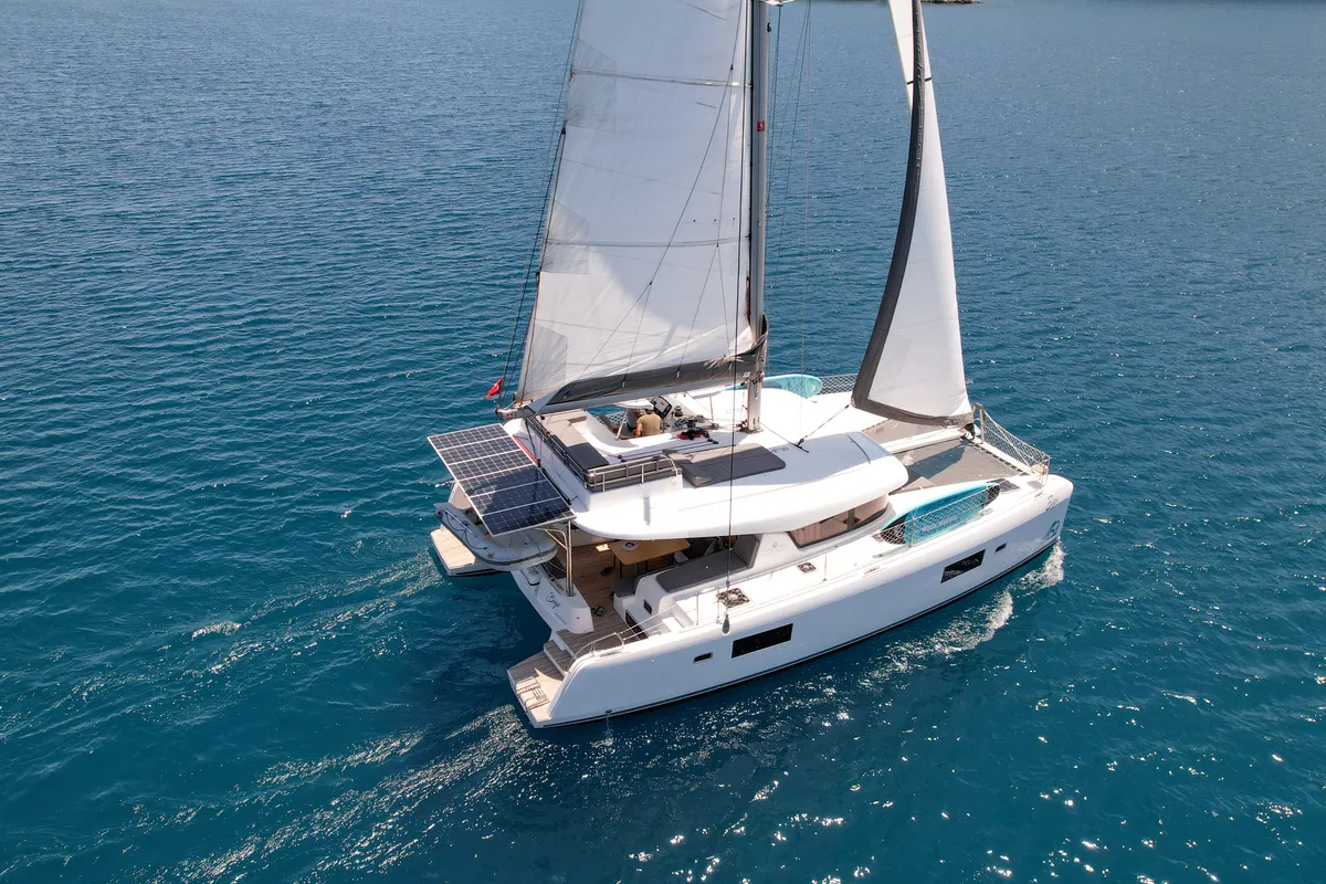 Exterior view of Bige, a Lagoon 42 catamaran at Marmaris, Turkey