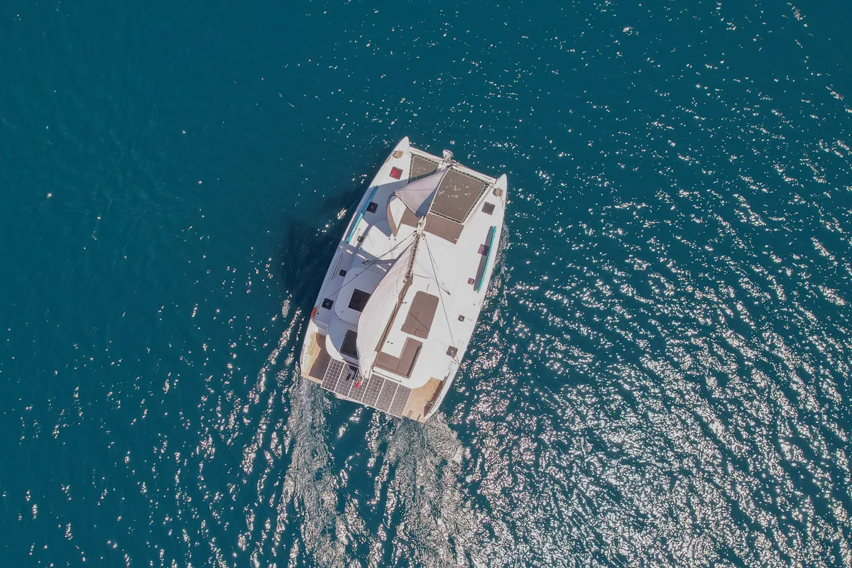 Exterior view of Bige, a Lagoon 42 catamaran at Marmaris, Turkey