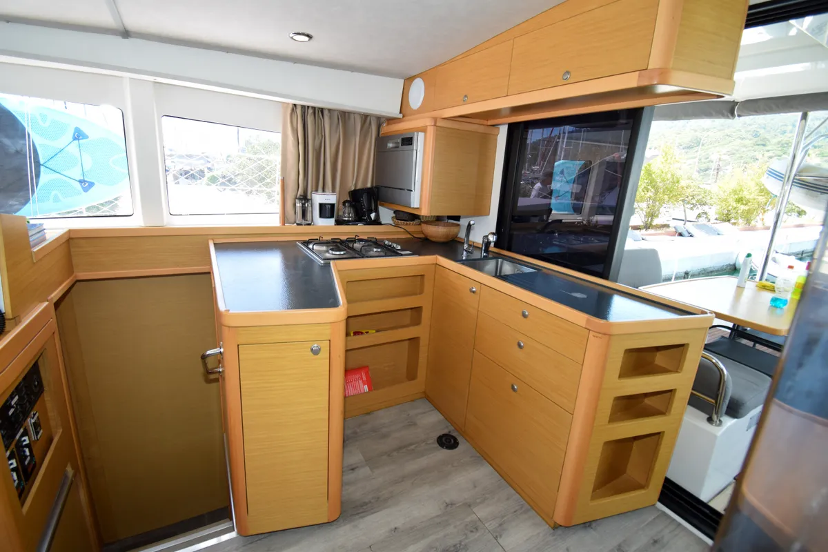 Exterior view of Bige, a Lagoon 42 catamaran at Marmaris, Turkey