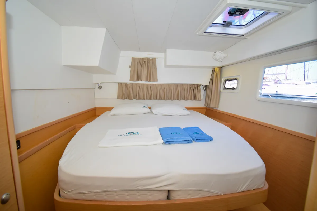 Exterior view of Bige, a Lagoon 42 catamaran at Marmaris, Turkey