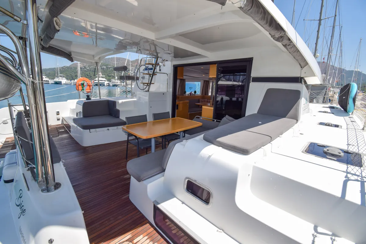Deck of Bige, a Lagoon 42 catamaran at Marmaris, Turkey