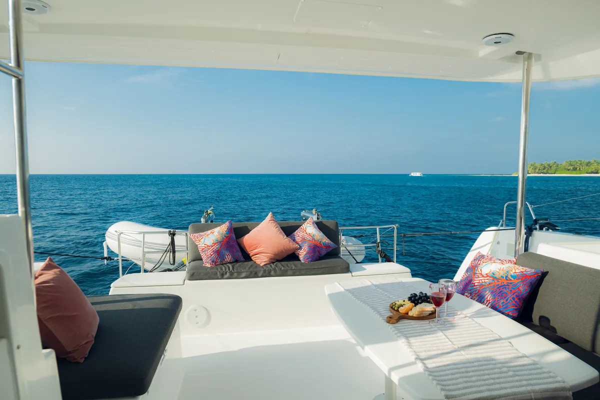 Deck of Sail La Vie, a Lagoon 40 catamaran at Malé, Maldives